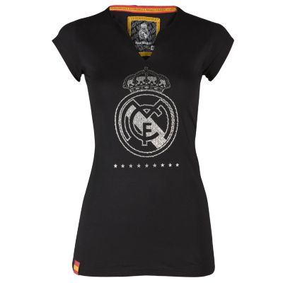 Real Madrid V Neck Crest T-Shirt - Black - Womens